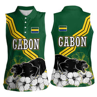 Gabon Women Sleeveless Polo Shirt with Black Panther Graphic and Hibiscus Flower Design in National Colors