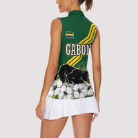 Gabon Women Sleeveless Polo Shirt with Black Panther Graphic and Hibiscus Flower Design in National Colors