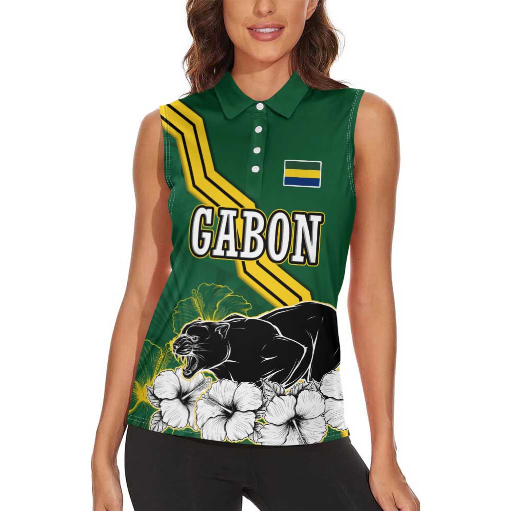 Gabon Women Sleeveless Polo Shirt with Black Panther Graphic and Hibiscus Flower Design in National Colors