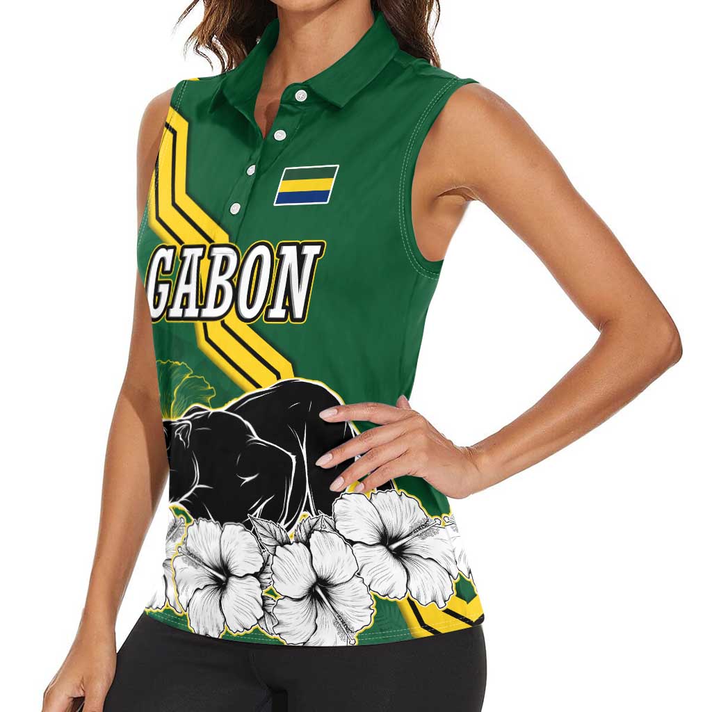 Gabon Women Sleeveless Polo Shirt with Black Panther Graphic and Hibiscus Flower Design in National Colors