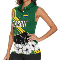 Gabon Women Sleeveless Polo Shirt with Black Panther Graphic and Hibiscus Flower Design in National Colors