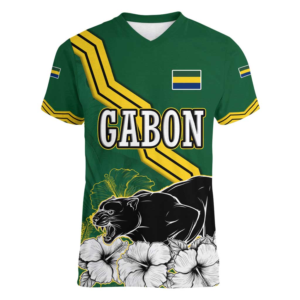Gabon Women V-Neck T-Shirt with Black Panther Graphic and Hibiscus Flower Design in National Colors
