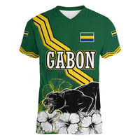 Gabon Women V-Neck T-Shirt with Black Panther Graphic and Hibiscus Flower Design in National Colors