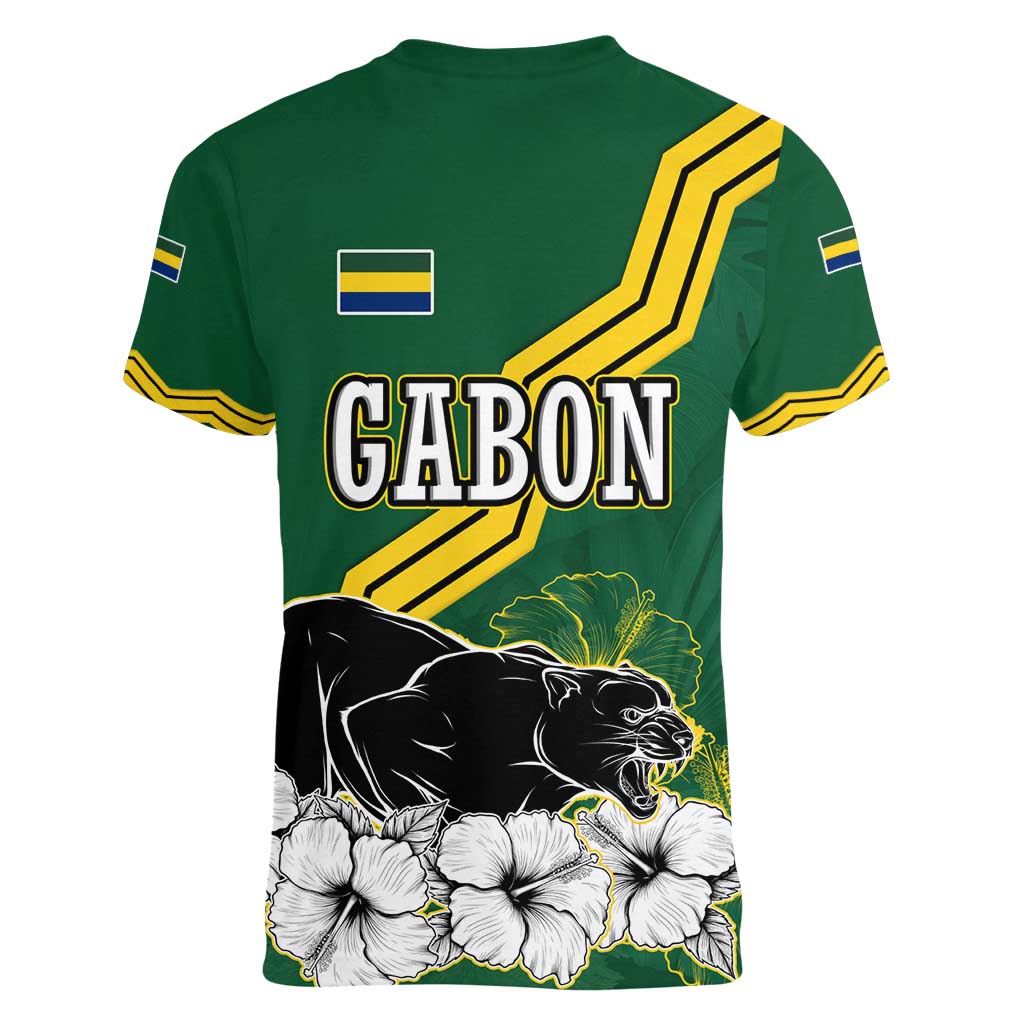 Gabon Women V-Neck T-Shirt with Black Panther Graphic and Hibiscus Flower Design in National Colors