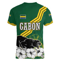Gabon Women V-Neck T-Shirt with Black Panther Graphic and Hibiscus Flower Design in National Colors