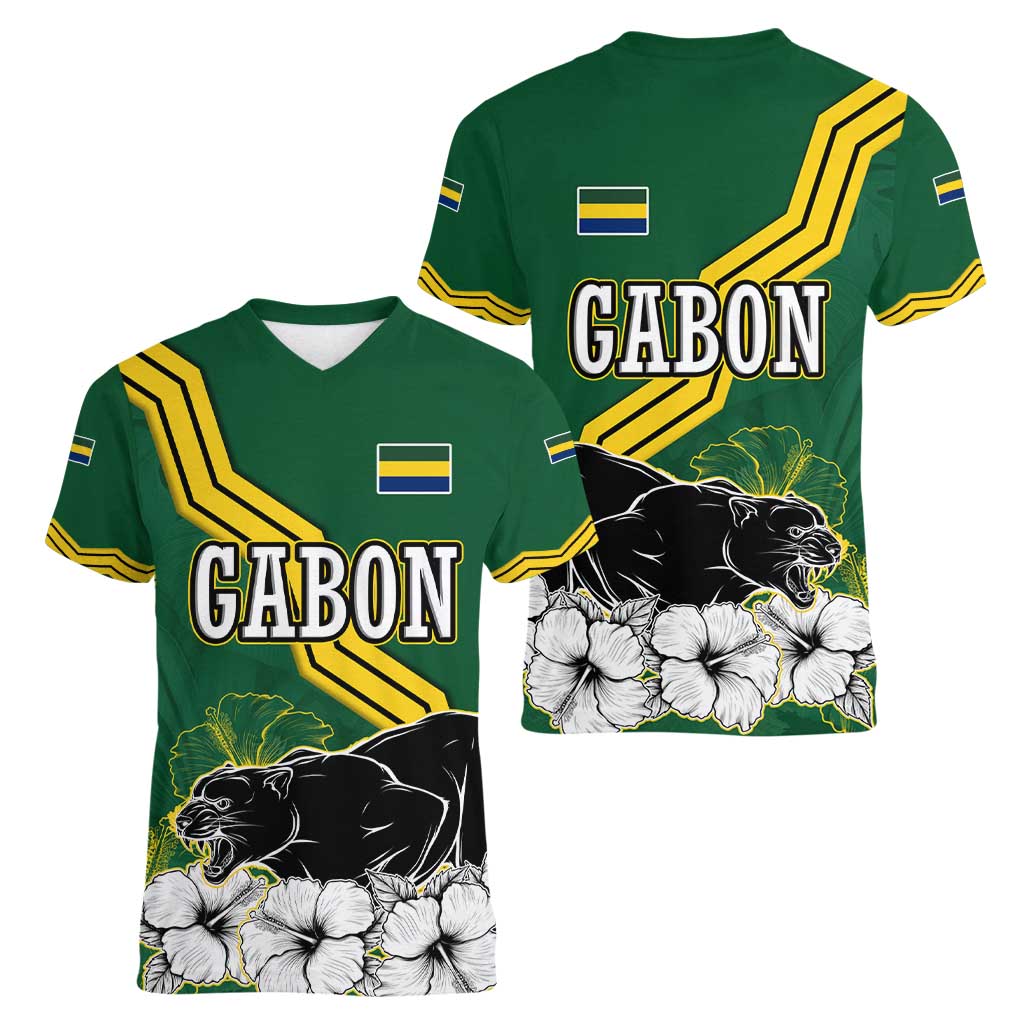 Gabon Women V-Neck T-Shirt with Black Panther Graphic and Hibiscus Flower Design in National Colors