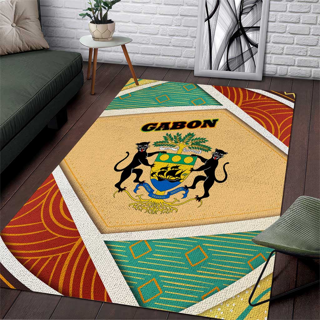 Gabon Area Rug with National Coat of Arms and Tribal Pattern Map Design in Bold Colors