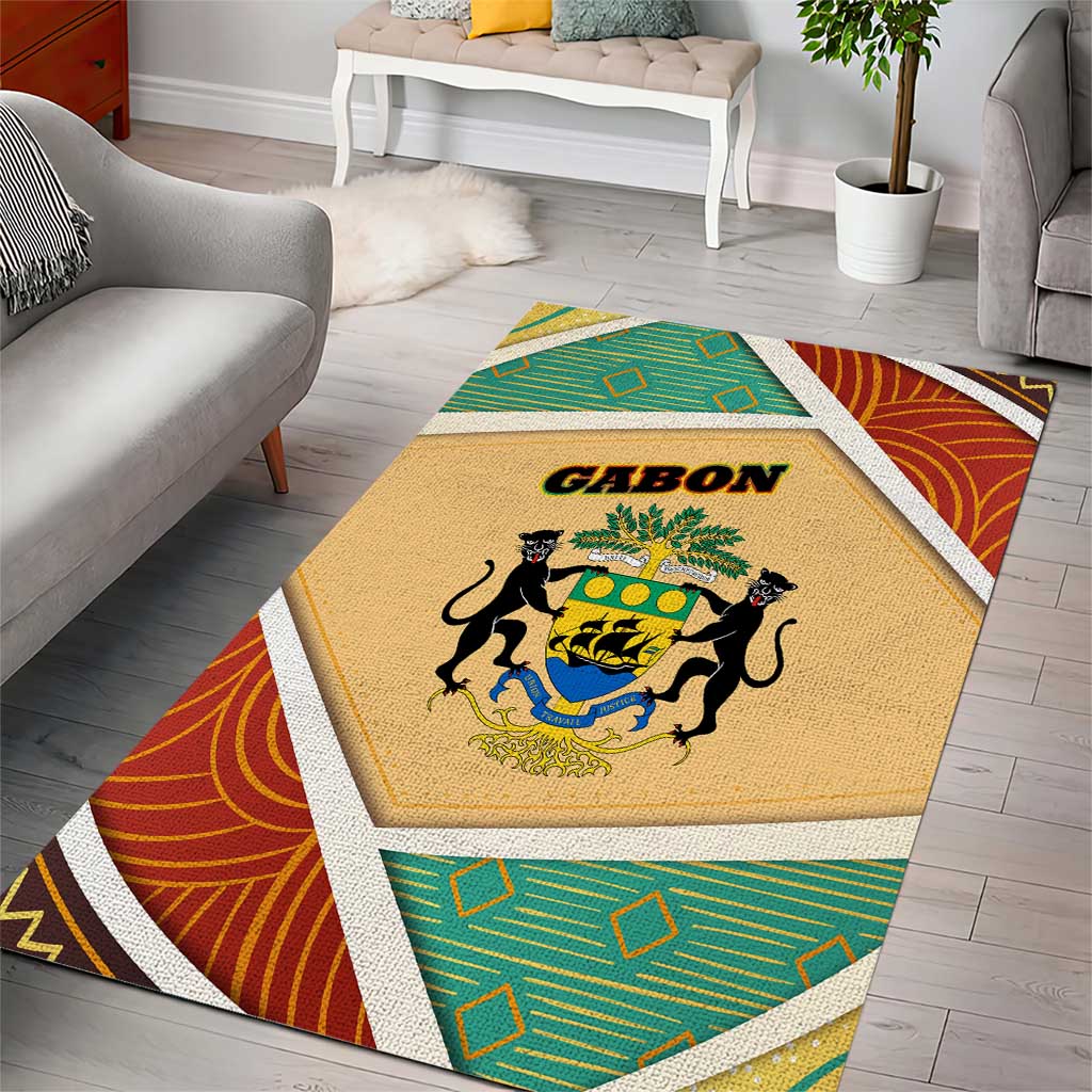 Gabon Area Rug with National Coat of Arms and Tribal Pattern Map Design in Bold Colors