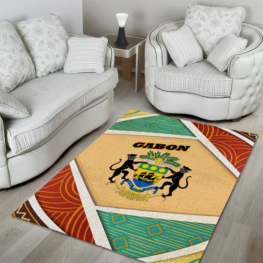 Gabon Area Rug with National Coat of Arms and Tribal Pattern Map Design in Bold Colors