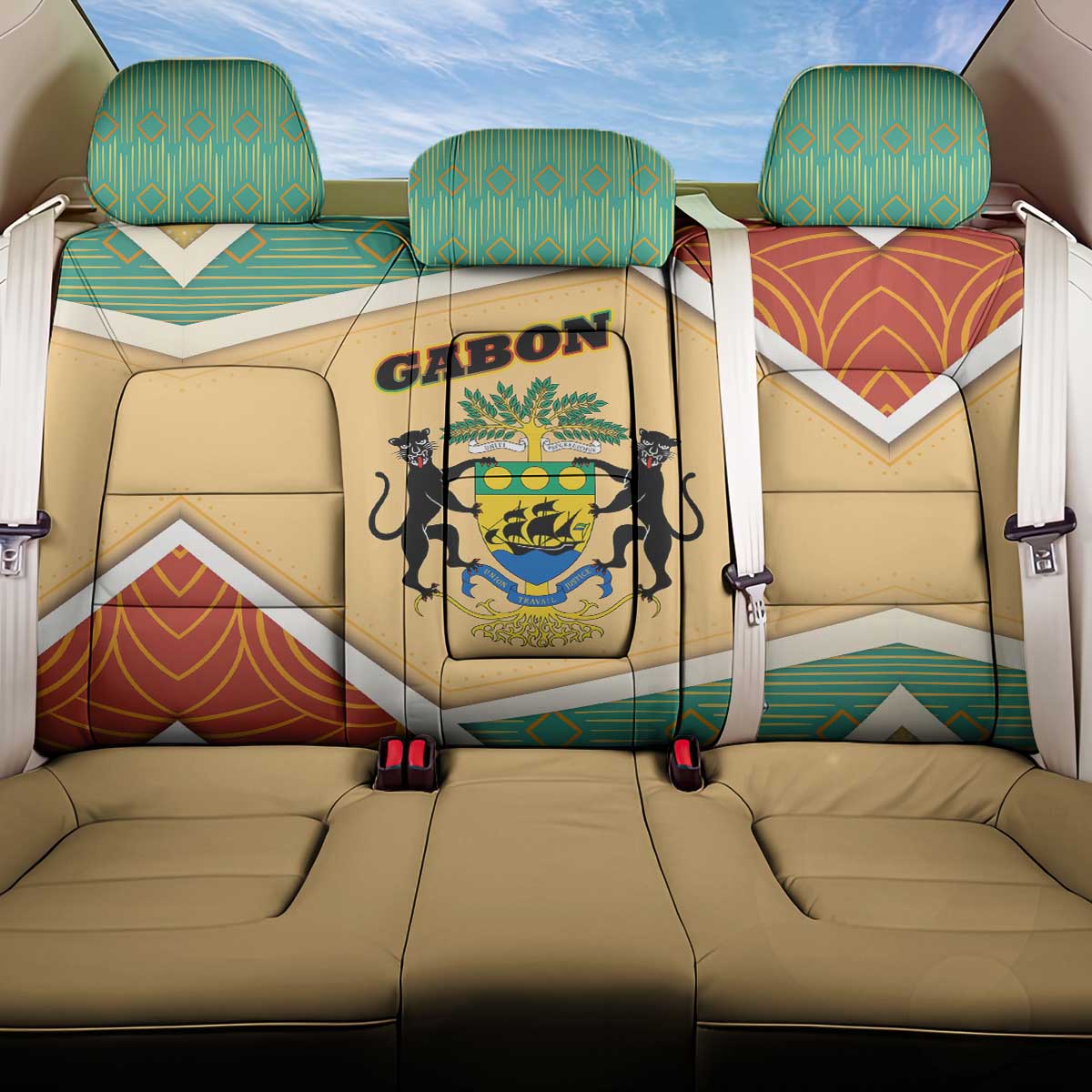 Gabon Back Car Seat Cover with National Coat of Arms and Tribal Pattern Map Design in Bold Colors