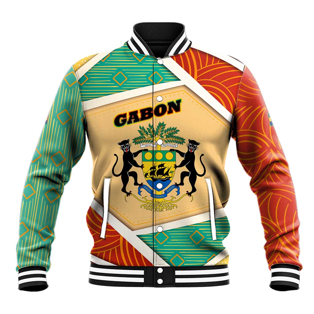 Gabon Baseball Jacket with National Coat of Arms and Tribal Pattern Map Design in Bold Colors