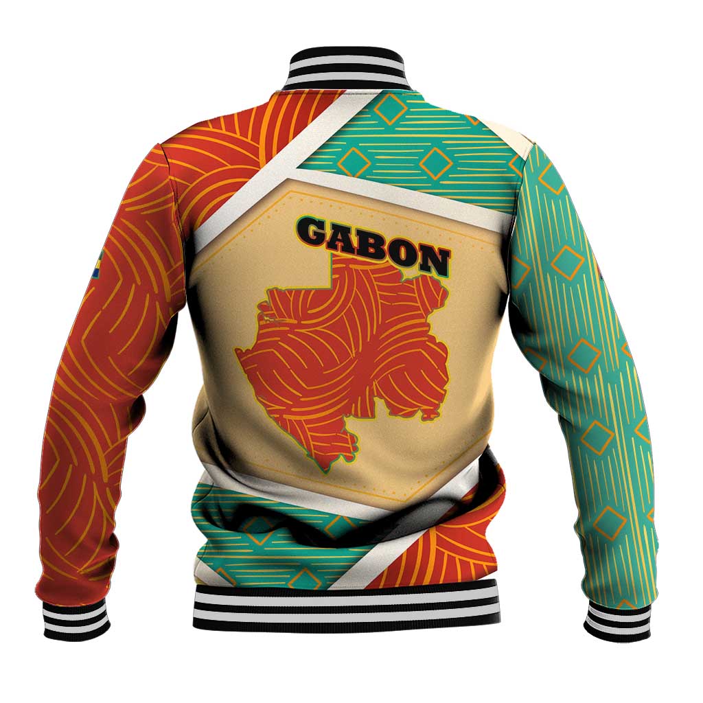 Gabon Baseball Jacket with National Coat of Arms and Tribal Pattern Map Design in Bold Colors