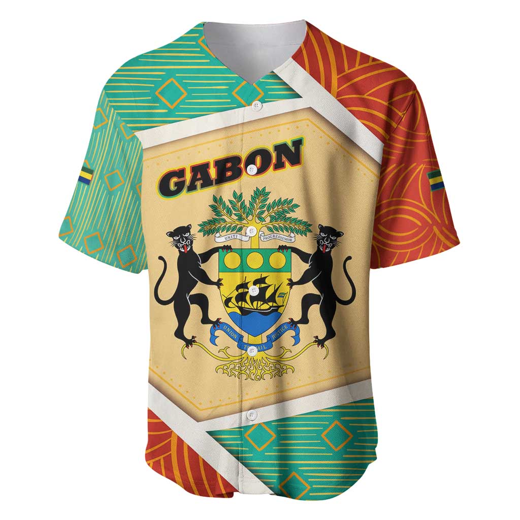 Gabon Baseball Jersey with National Coat of Arms and Tribal Pattern Map Design in Bold Colors