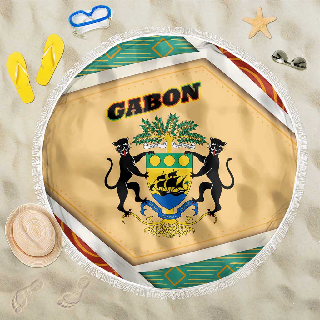 Gabon Beach Blanket with National Coat of Arms and Tribal Pattern Map Design in Bold Colors
