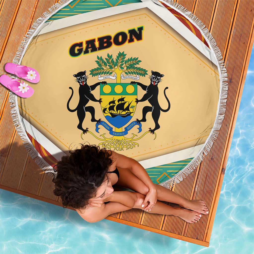 Gabon Beach Blanket with National Coat of Arms and Tribal Pattern Map Design in Bold Colors