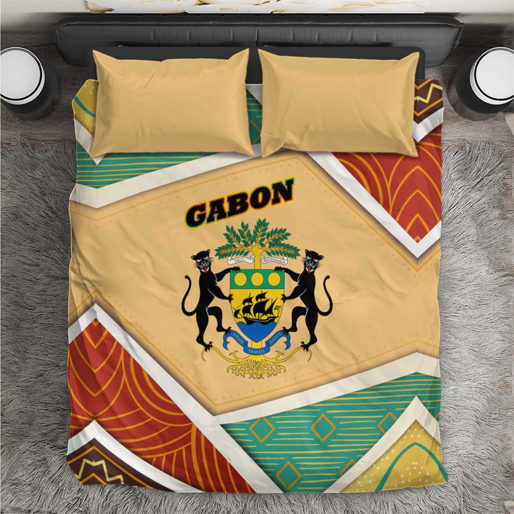 Gabon Bedding Set with National Coat of Arms and Tribal Pattern Map Design in Bold Colors
