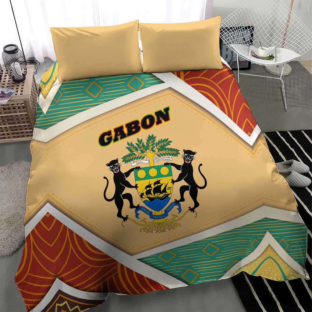 Gabon Bedding Set with National Coat of Arms and Tribal Pattern Map Design in Bold Colors