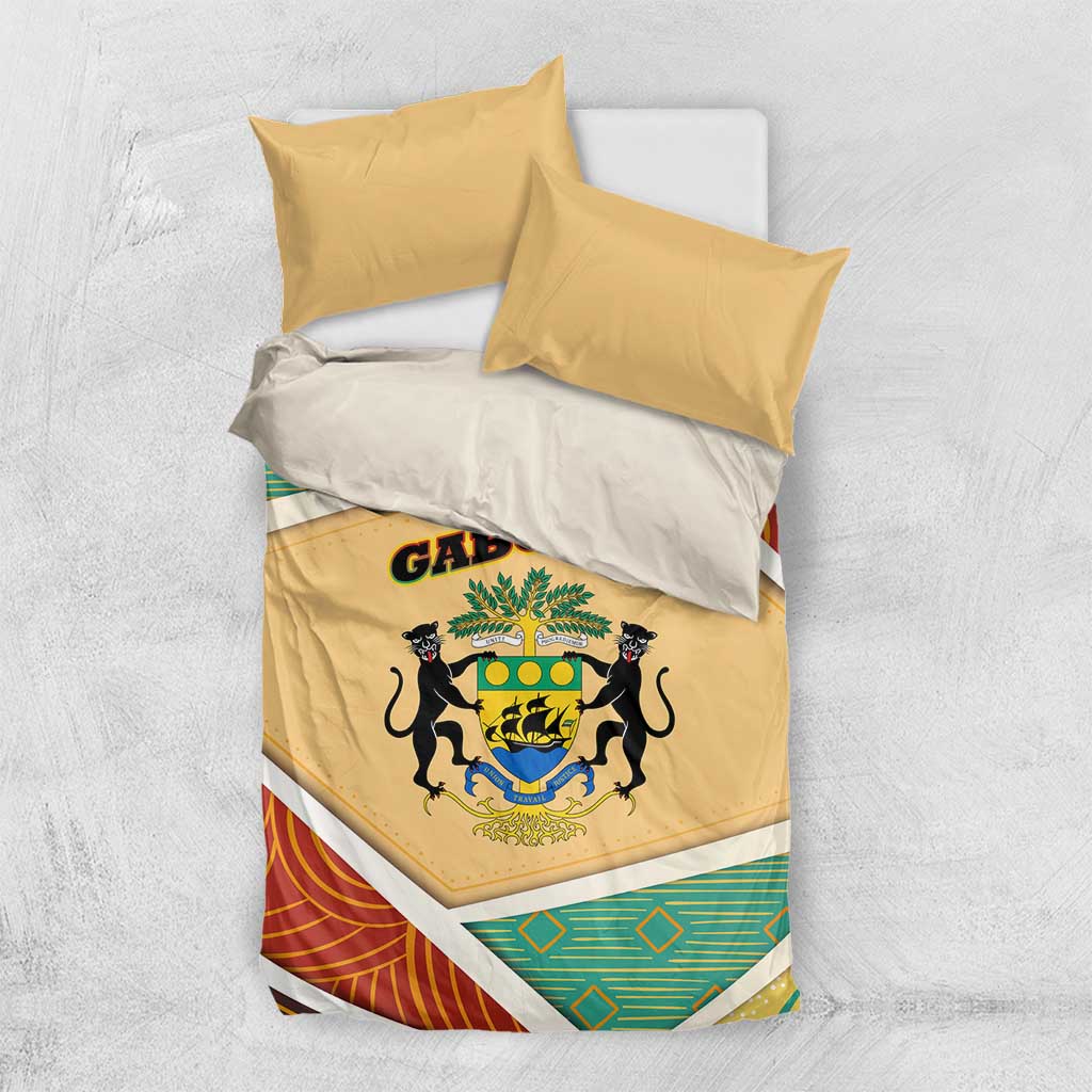 Gabon Bedding Set with National Coat of Arms and Tribal Pattern Map Design in Bold Colors