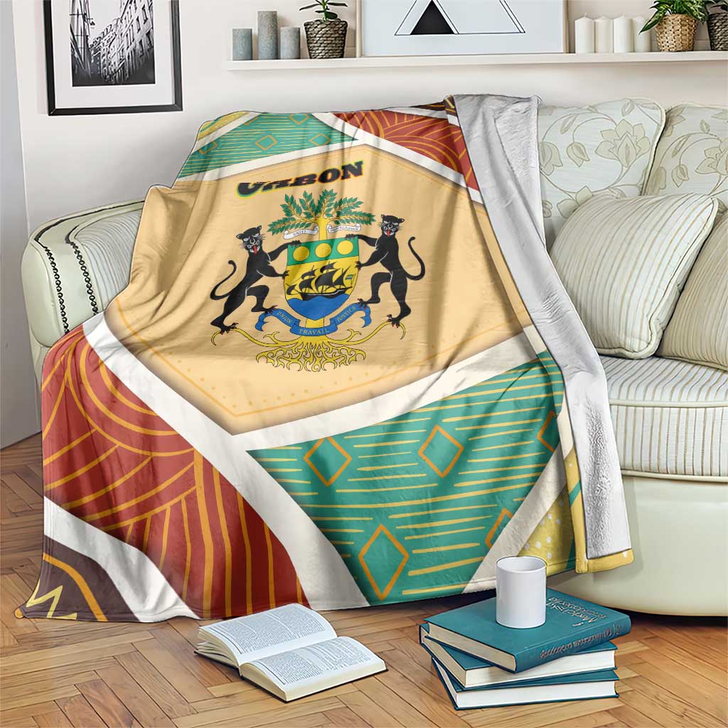 Gabon Blanket with National Coat of Arms and Tribal Pattern Map Design in Bold Colors