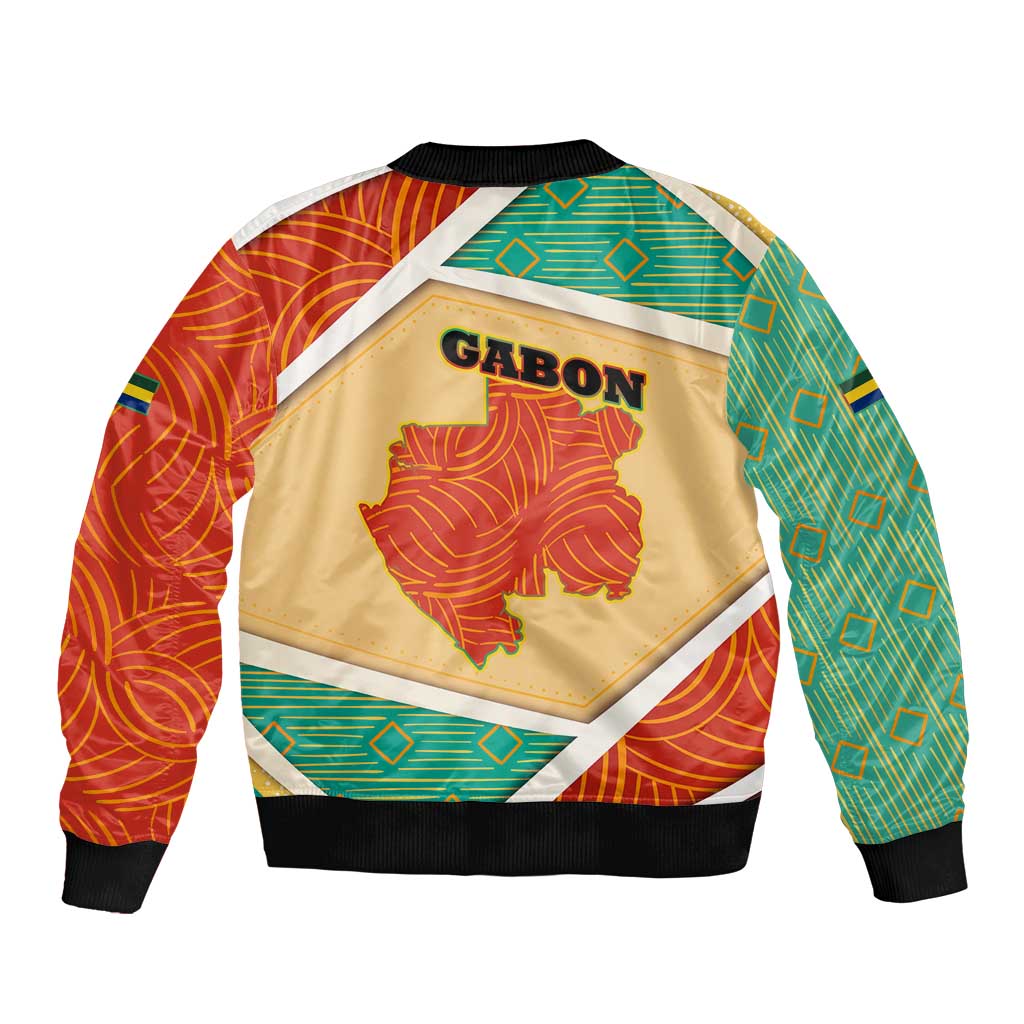 Gabon Bomber Jacket with National Coat of Arms and Tribal Pattern Map Design in Bold Colors