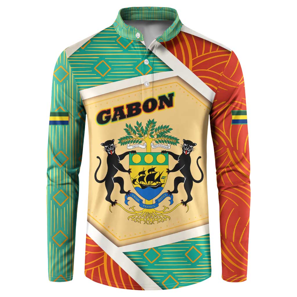 Gabon Button Sweatshirt with National Coat of Arms and Tribal Pattern Map Design in Bold Colors
