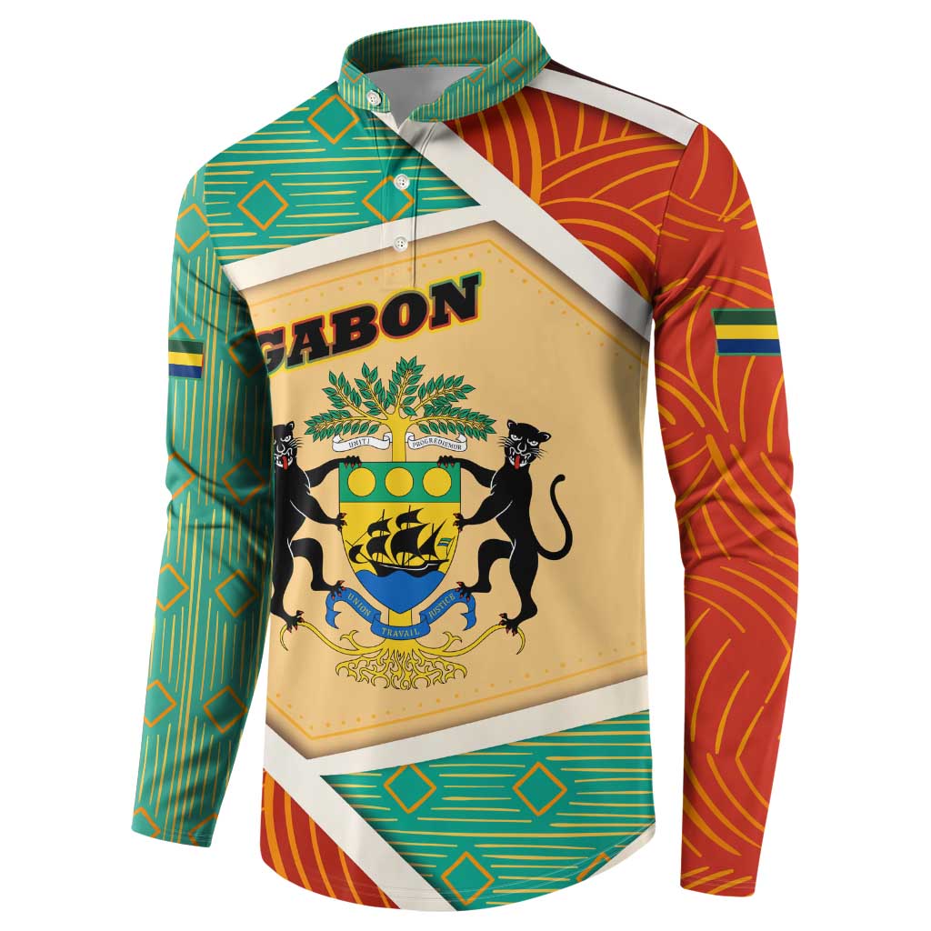 Gabon Button Sweatshirt with National Coat of Arms and Tribal Pattern Map Design in Bold Colors