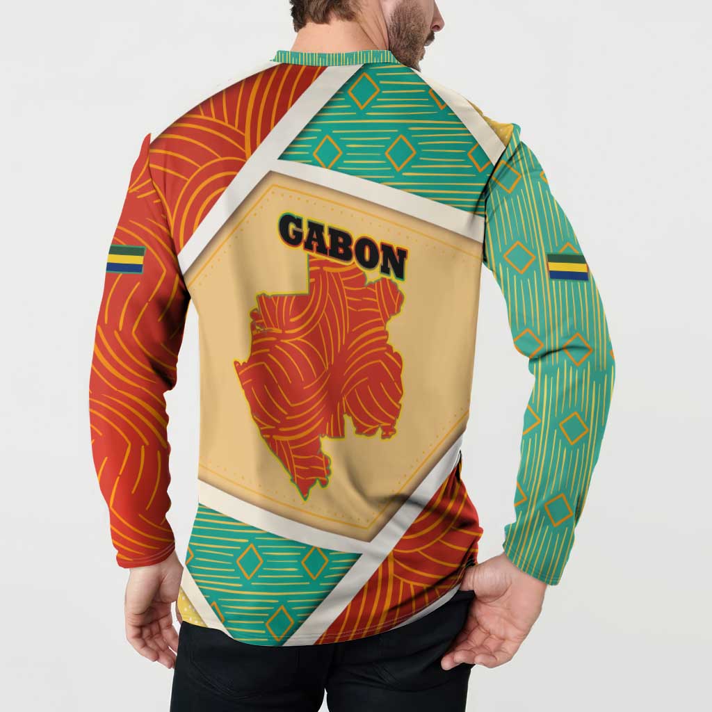 Gabon Button Sweatshirt with National Coat of Arms and Tribal Pattern Map Design in Bold Colors
