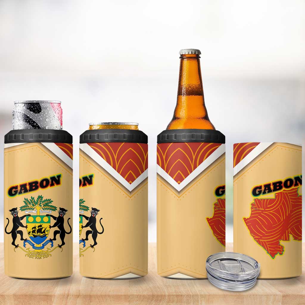 Gabon 4 in 1 Can Cooler Tumbler with National Coat of Arms and Tribal Pattern Map Design in Bold Colors