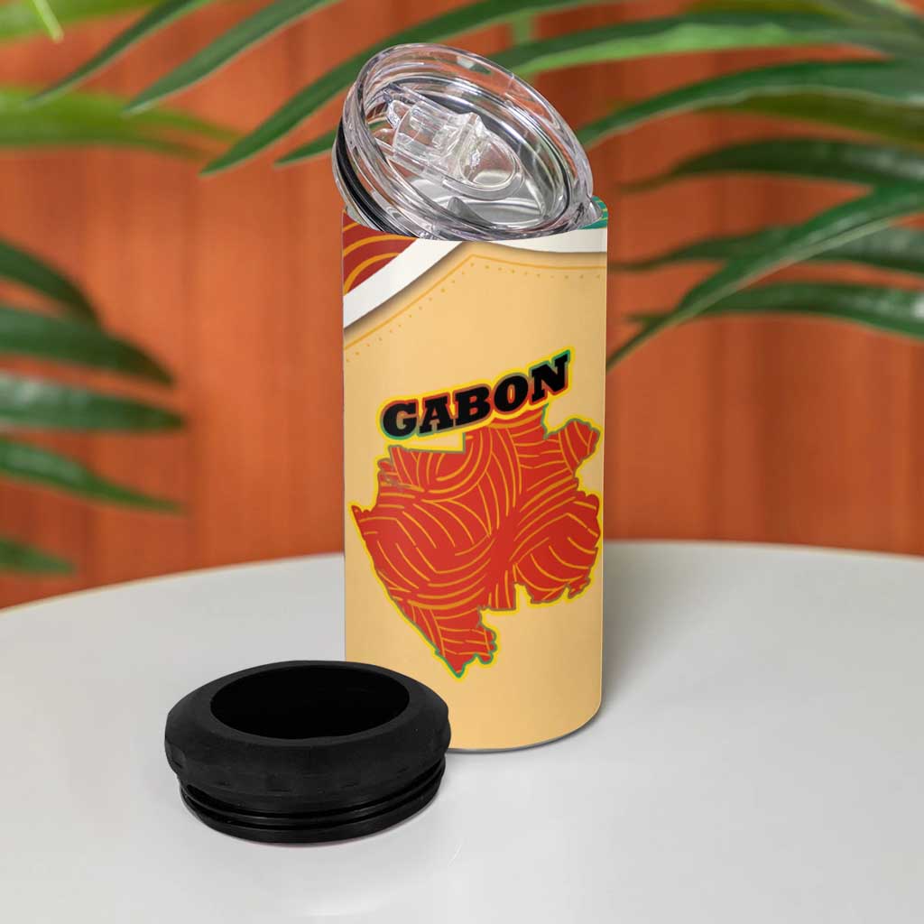 Gabon 4 in 1 Can Cooler Tumbler with National Coat of Arms and Tribal Pattern Map Design in Bold Colors