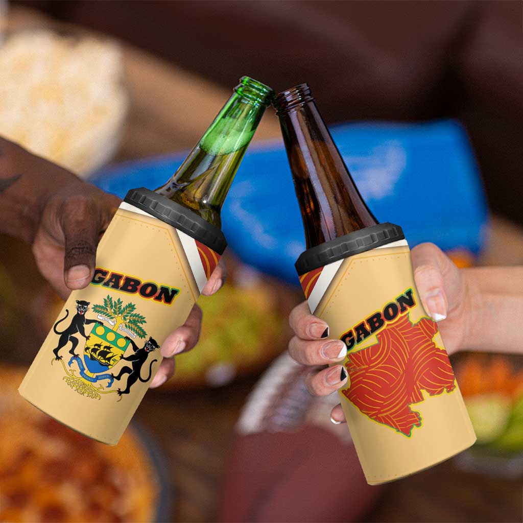 Gabon 4 in 1 Can Cooler Tumbler with National Coat of Arms and Tribal Pattern Map Design in Bold Colors