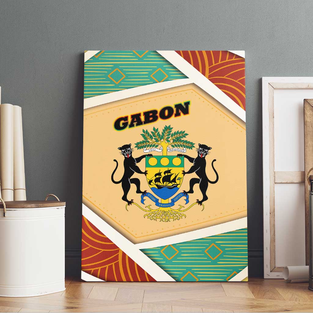 Gabon Canvas Wall Art with National Coat of Arms and Tribal Pattern Map Design in Bold Colors