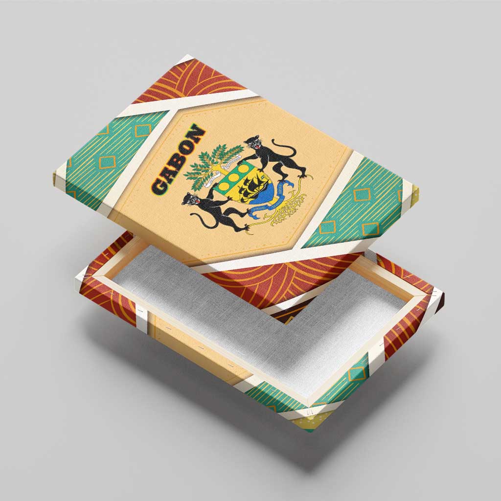 Gabon Canvas Wall Art with National Coat of Arms and Tribal Pattern Map Design in Bold Colors