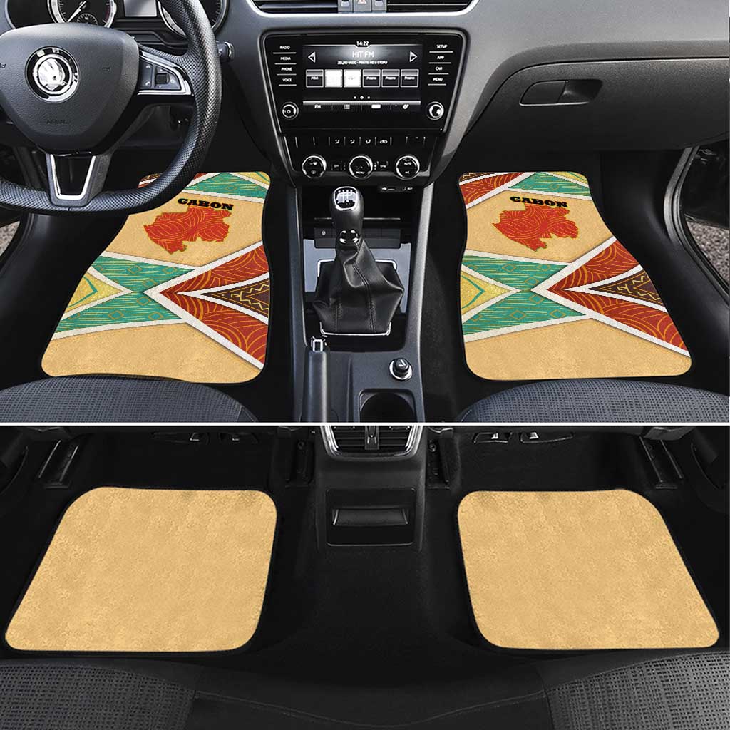 Gabon Car Mats with National Coat of Arms and Tribal Pattern Map Design in Bold Colors