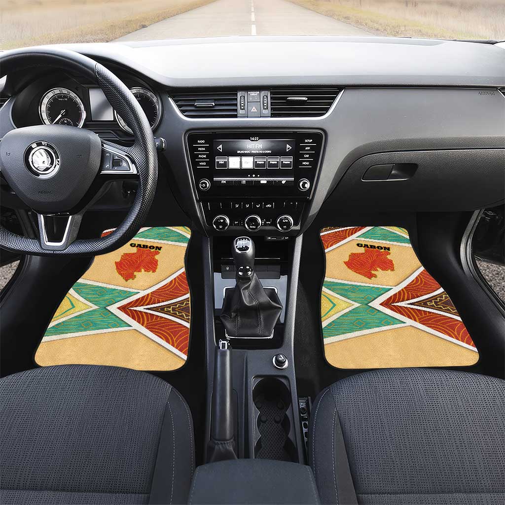 Gabon Car Mats with National Coat of Arms and Tribal Pattern Map Design in Bold Colors