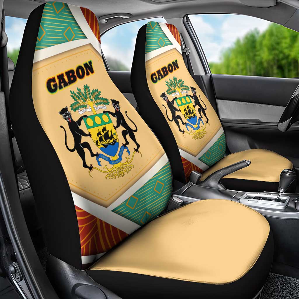 Gabon Car Seat Cover with National Coat of Arms and Tribal Pattern Map Design in Bold Colors