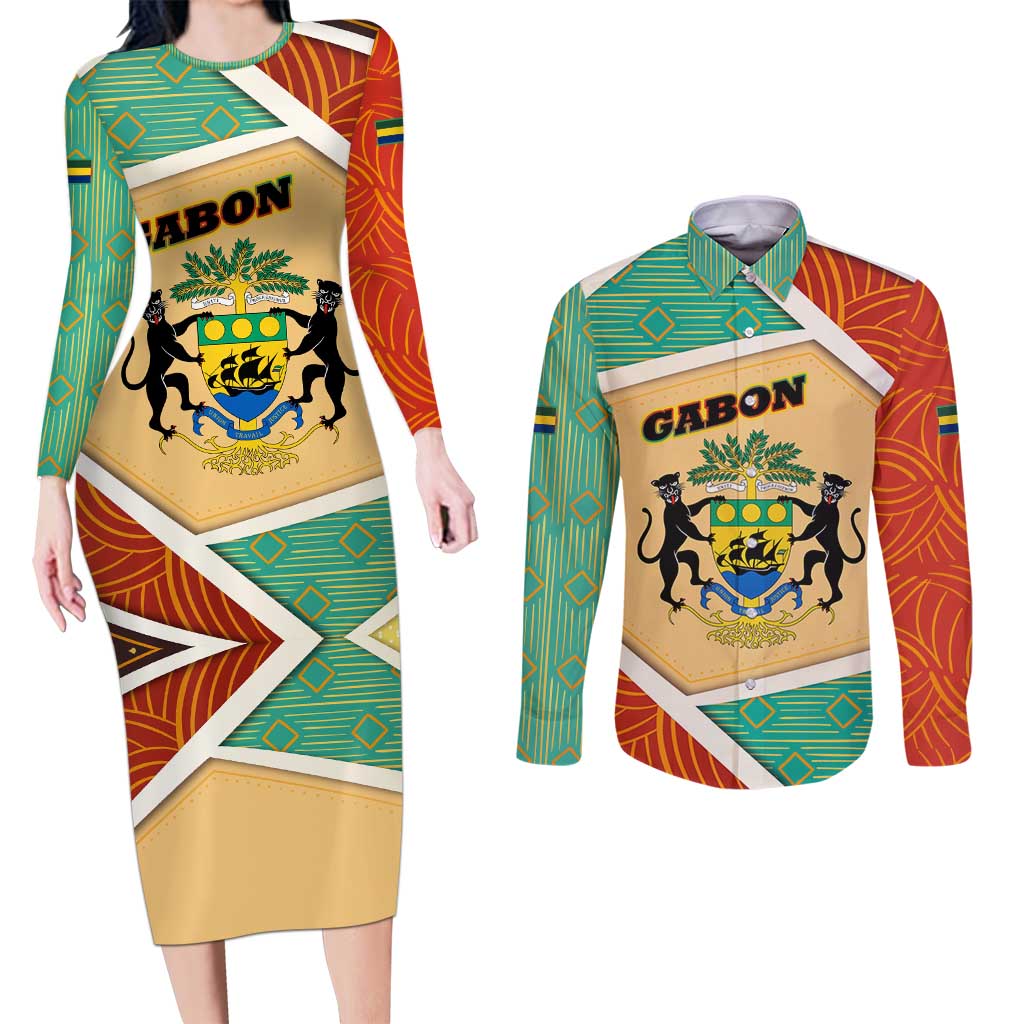 Gabon Couples Matching Long Sleeve Bodycon Dress and Long Sleeve Button Shirt with National Coat of Arms and Tribal Pattern Map Design in Bold Colors