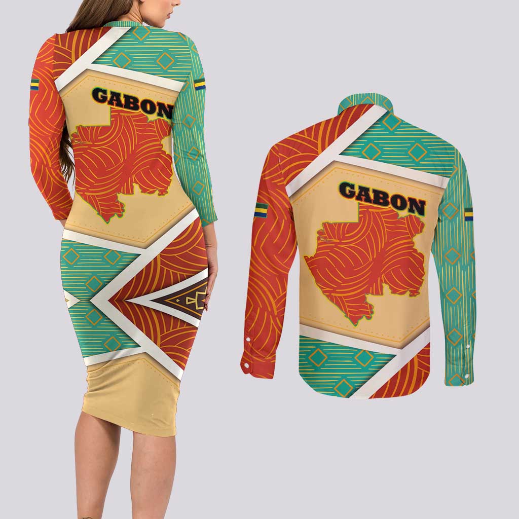 Gabon Couples Matching Long Sleeve Bodycon Dress and Long Sleeve Button Shirt with National Coat of Arms and Tribal Pattern Map Design in Bold Colors