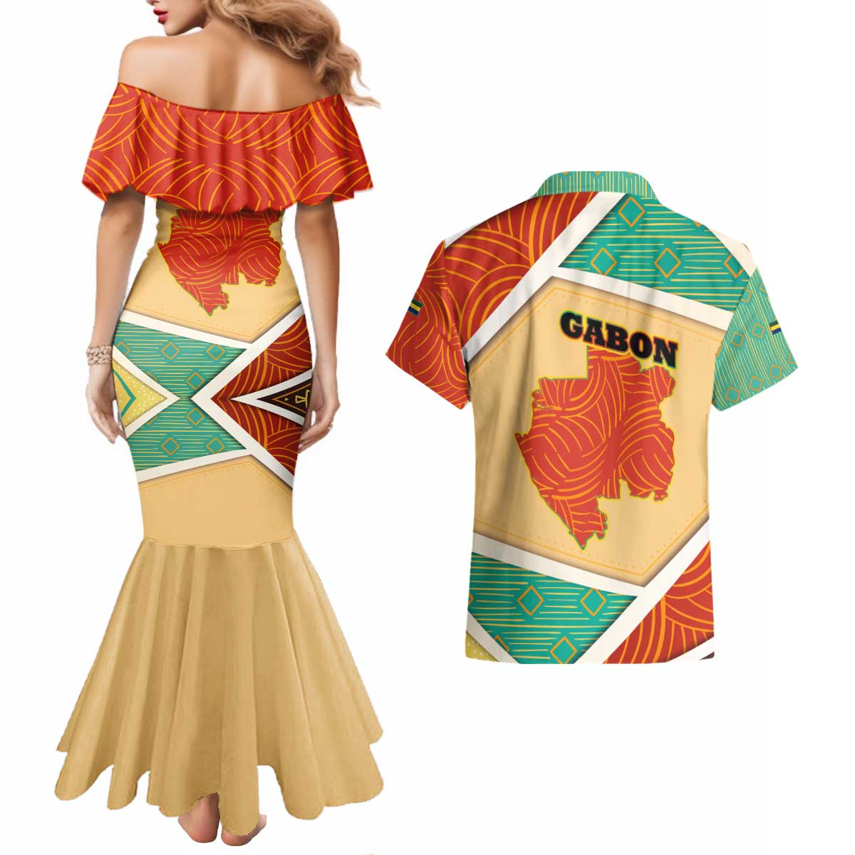 Gabon Couples Matching Mermaid Dress and Hawaiian Shirt with National Coat of Arms and Tribal Pattern Map Design in Bold Colors