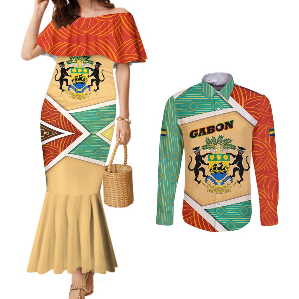 Gabon Couples Matching Mermaid Dress and Long Sleeve Button Shirt with National Coat of Arms and Tribal Pattern Map Design in Bold Colors