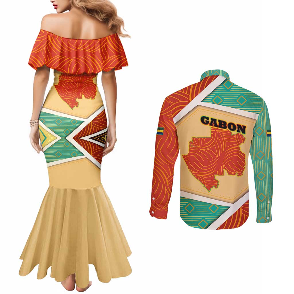 Gabon Couples Matching Mermaid Dress and Long Sleeve Button Shirt with National Coat of Arms and Tribal Pattern Map Design in Bold Colors