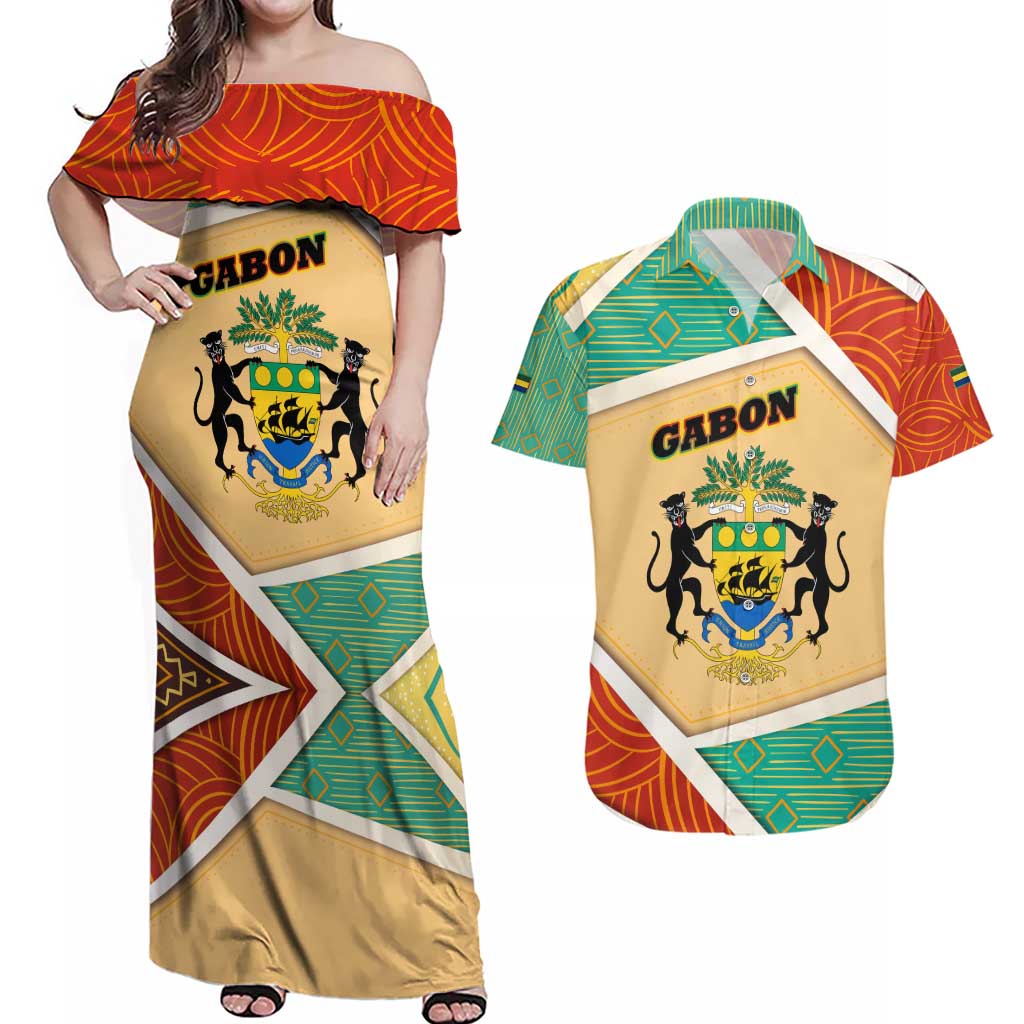 Gabon Couples Matching Off Shoulder Maxi Dress and Hawaiian Shirt with National Coat of Arms and Tribal Pattern Map Design in Bold Colors
