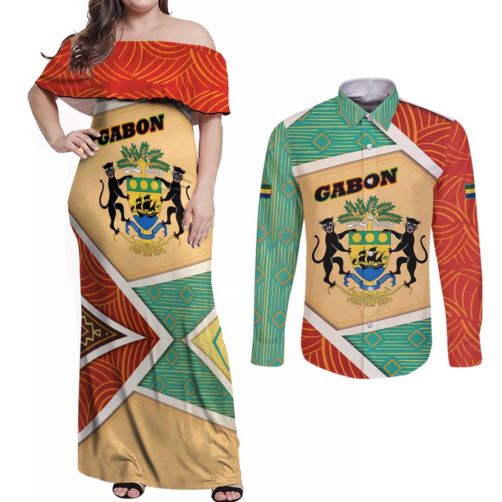 Gabon Couples Matching Off Shoulder Maxi Dress and Long Sleeve Button Shirt with National Coat of Arms and Tribal Pattern Map Design in Bold Colors