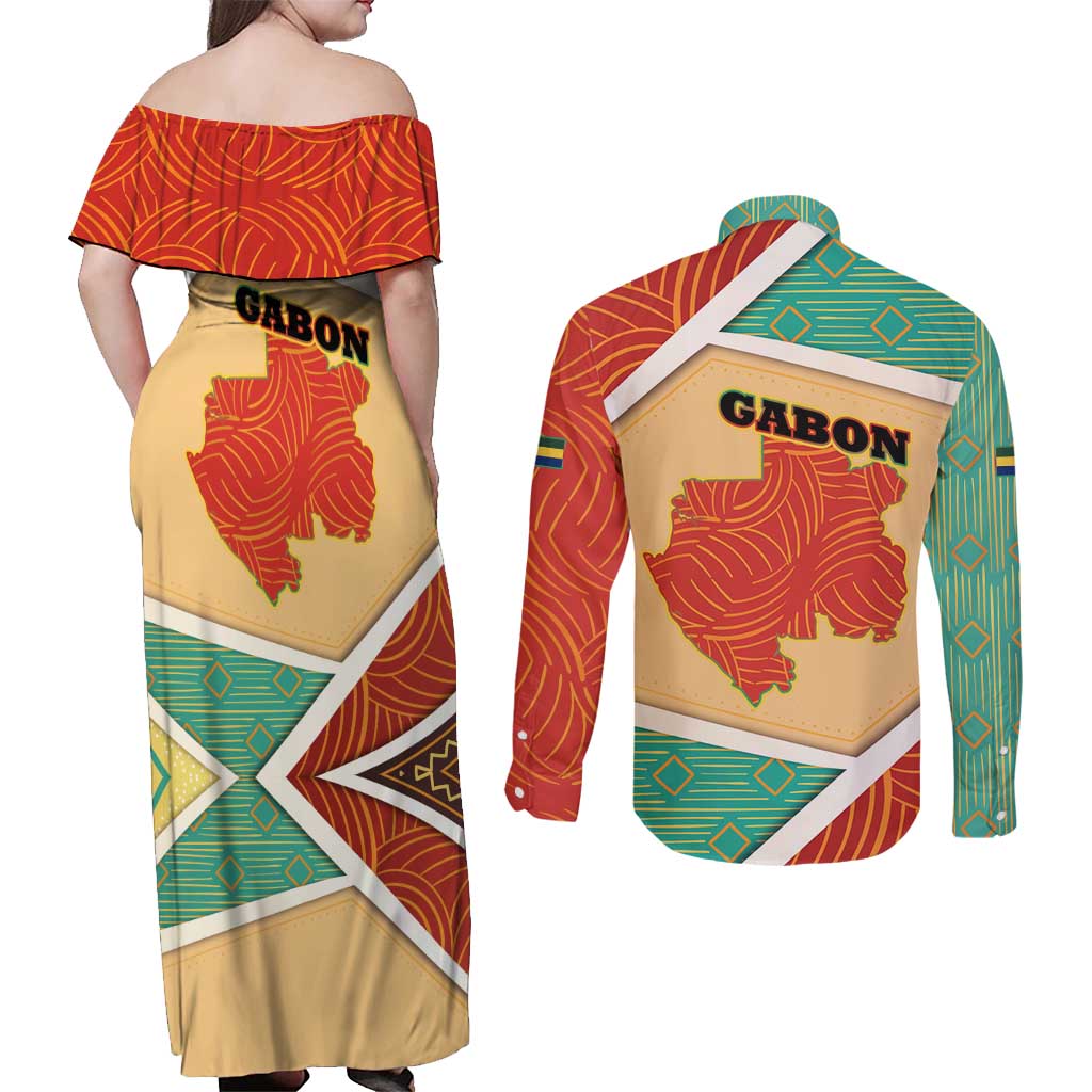 Gabon Couples Matching Off Shoulder Maxi Dress and Long Sleeve Button Shirt with National Coat of Arms and Tribal Pattern Map Design in Bold Colors