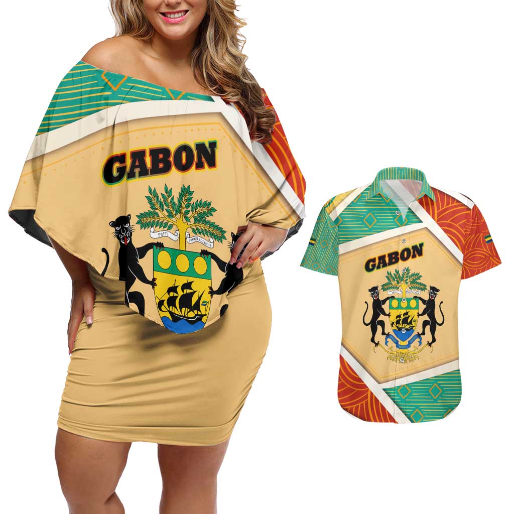 Gabon Couples Matching Off Shoulder Short Dress and Hawaiian Shirt with National Coat of Arms and Tribal Pattern Map Design in Bold Colors