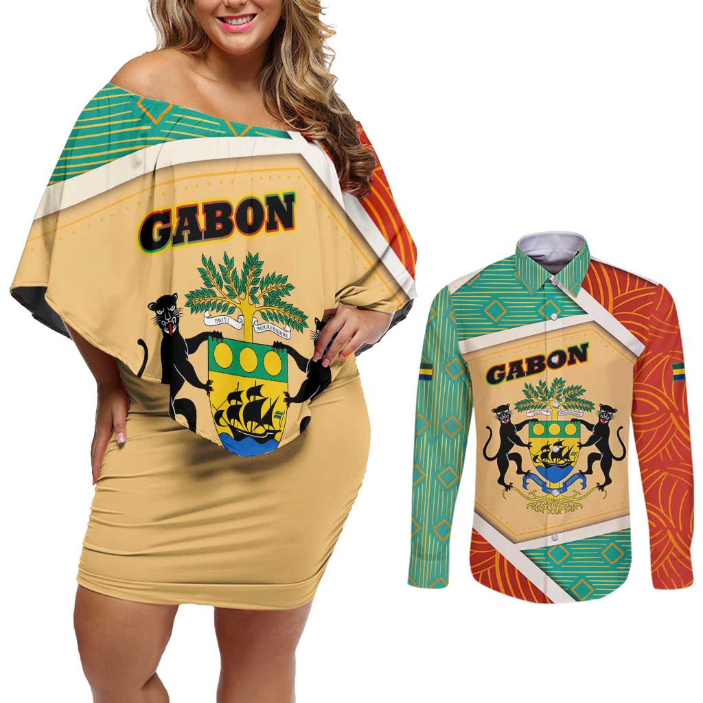 Gabon Couples Matching Off Shoulder Short Dress and Long Sleeve Button Shirt with National Coat of Arms and Tribal Pattern Map Design in Bold Colors