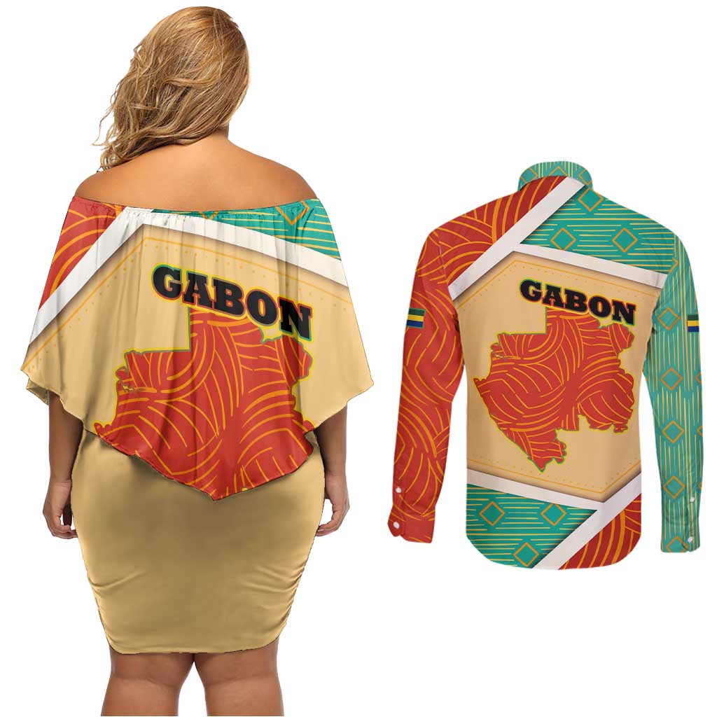 Gabon Couples Matching Off Shoulder Short Dress and Long Sleeve Button Shirt with National Coat of Arms and Tribal Pattern Map Design in Bold Colors