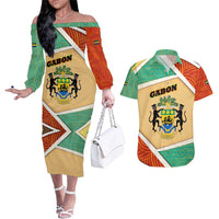 Gabon Couples Matching Off The Shoulder Long Sleeve Dress and Hawaiian Shirt with National Coat of Arms and Tribal Pattern Map Design in Bold Colors
