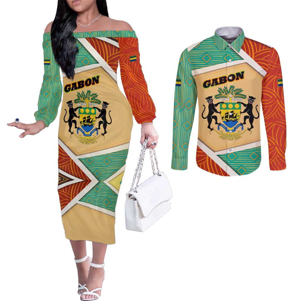 Gabon Couples Matching Off The Shoulder Long Sleeve Dress and Long Sleeve Button Shirt with National Coat of Arms and Tribal Pattern Map Design in Bold Colors