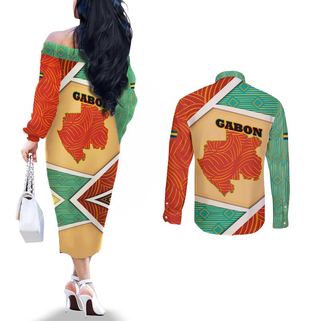 Gabon Couples Matching Off The Shoulder Long Sleeve Dress and Long Sleeve Button Shirt with National Coat of Arms and Tribal Pattern Map Design in Bold Colors