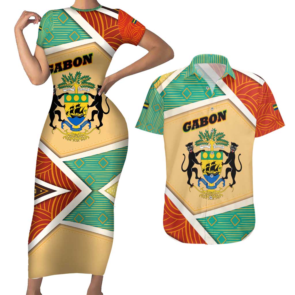 Gabon Couples Matching Short Sleeve Bodycon Dress and Hawaiian Shirt with National Coat of Arms and Tribal Pattern Map Design in Bold Colors